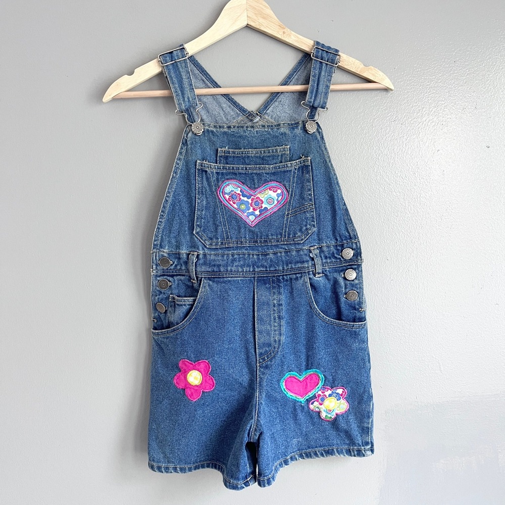 In‎ Design Girls Blue Denim Shortall Overalls Vintage 90s Hearts Flowers Size 7